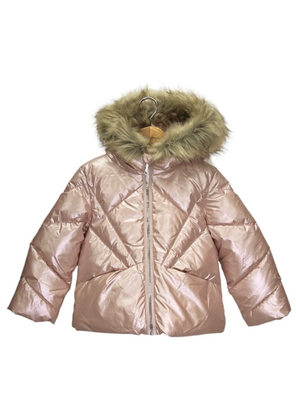 Sam Edelman Metallic Pink Puffer Coat Size 2T Quilted Fur Trim Hood Jacket NWT